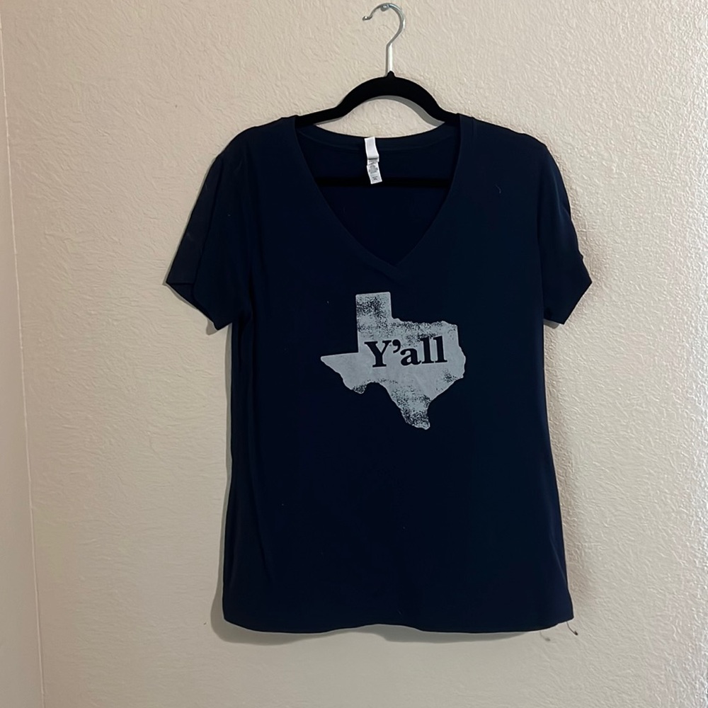 Navy blue V-neck fitted y’all Texas tee